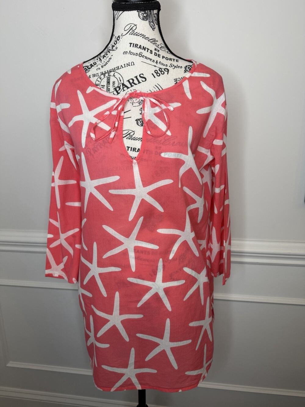 West Indies Short Cover Up Dress Small Coral With White Starfish 3/4 Sleeves